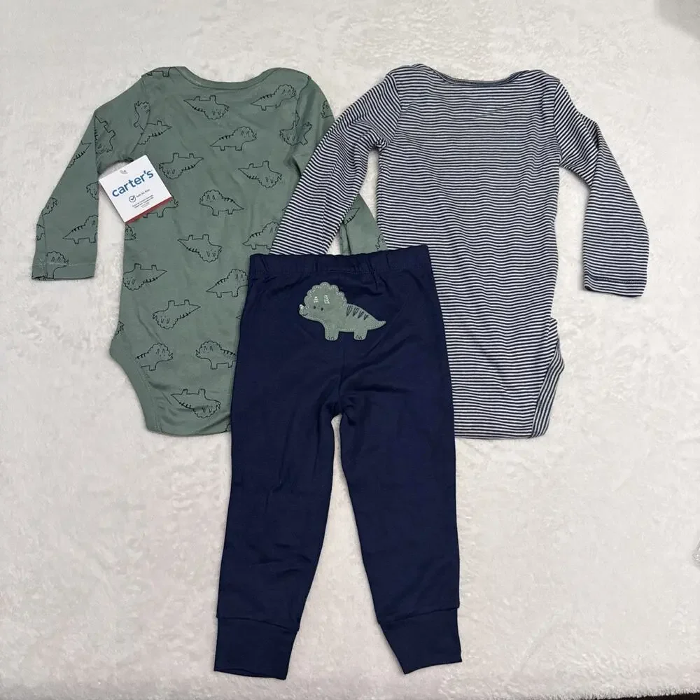 Carters Baby Boy 3 Pc Set 2 Long Sleeve One Piece 1 Pants Blue/ Green Size 18 M